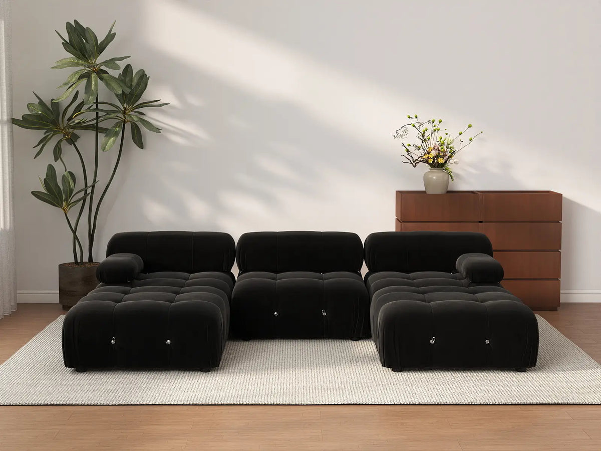 Éther Black 3-Seater U-Shaped Sectionals | 5-Piece (includes 2 ottomans), Velvet Fabric, Fixed Upholstery
