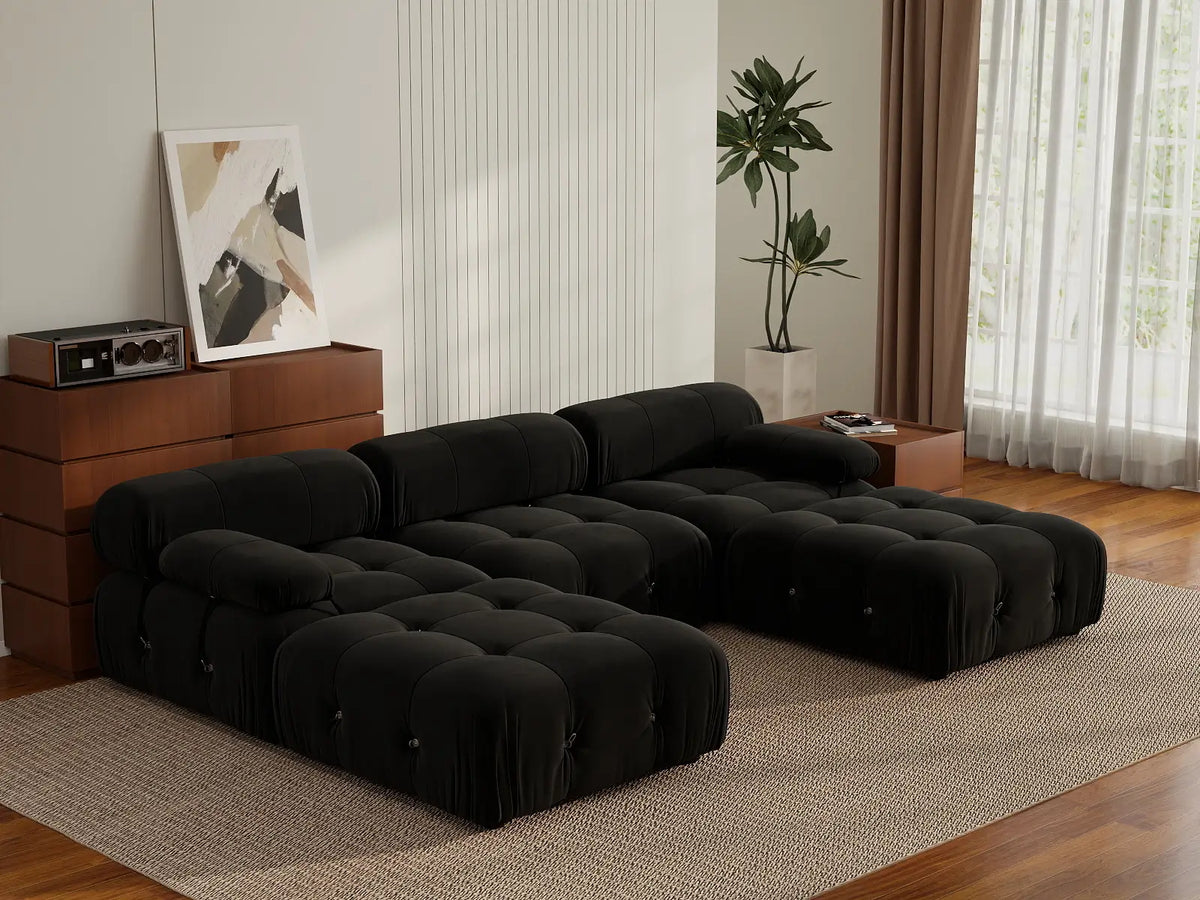 Éther Black 3-Seater U-Shaped Sectionals | 5-Piece (includes 2 ottomans), Velvet Fabric, Fixed Upholstery