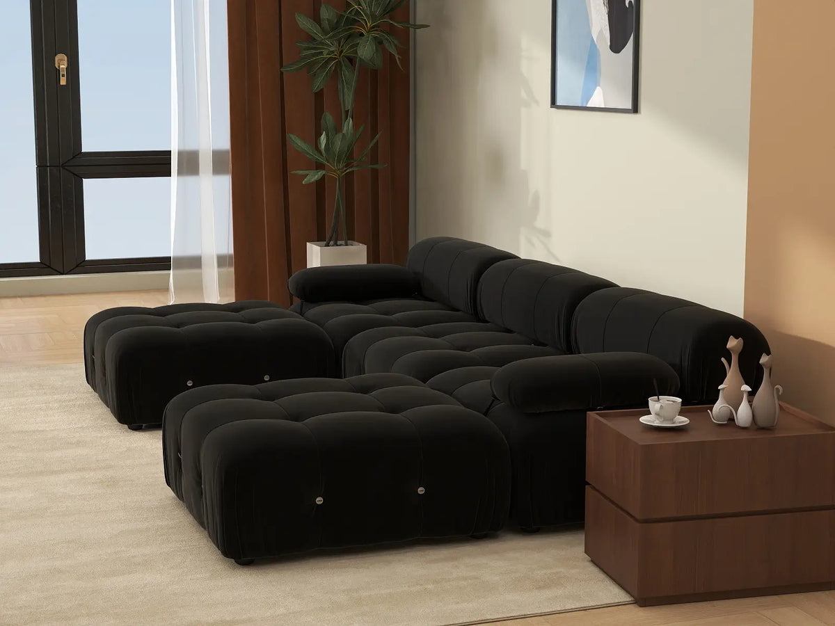 Éther Black 3-Seater U-Shaped Sectionals | 5-Piece (includes 2 ottomans), Velvet Fabric, Fixed Upholstery