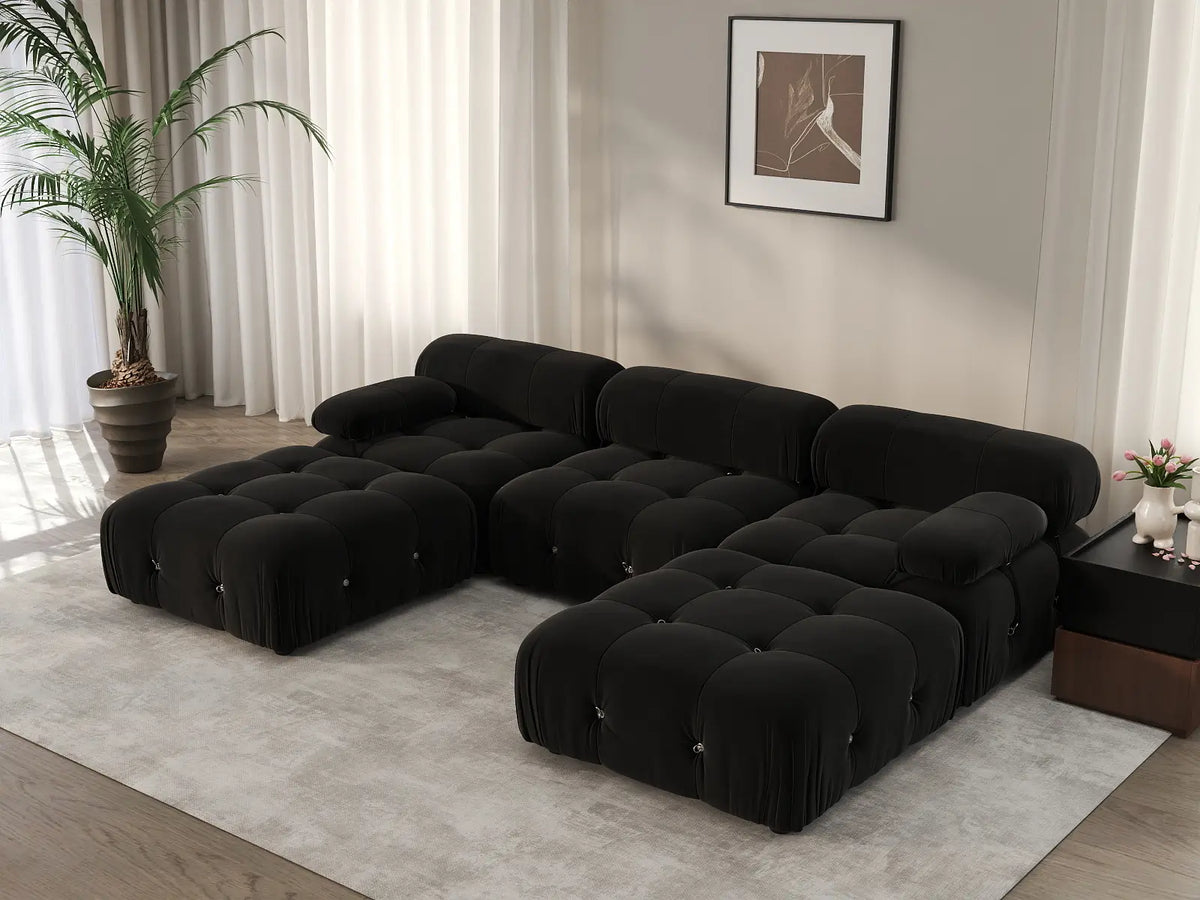 Éther Black 3-Seater U-Shaped Sectionals | 5-Piece (includes 2 ottomans), Velvet Fabric, Fixed Upholstery