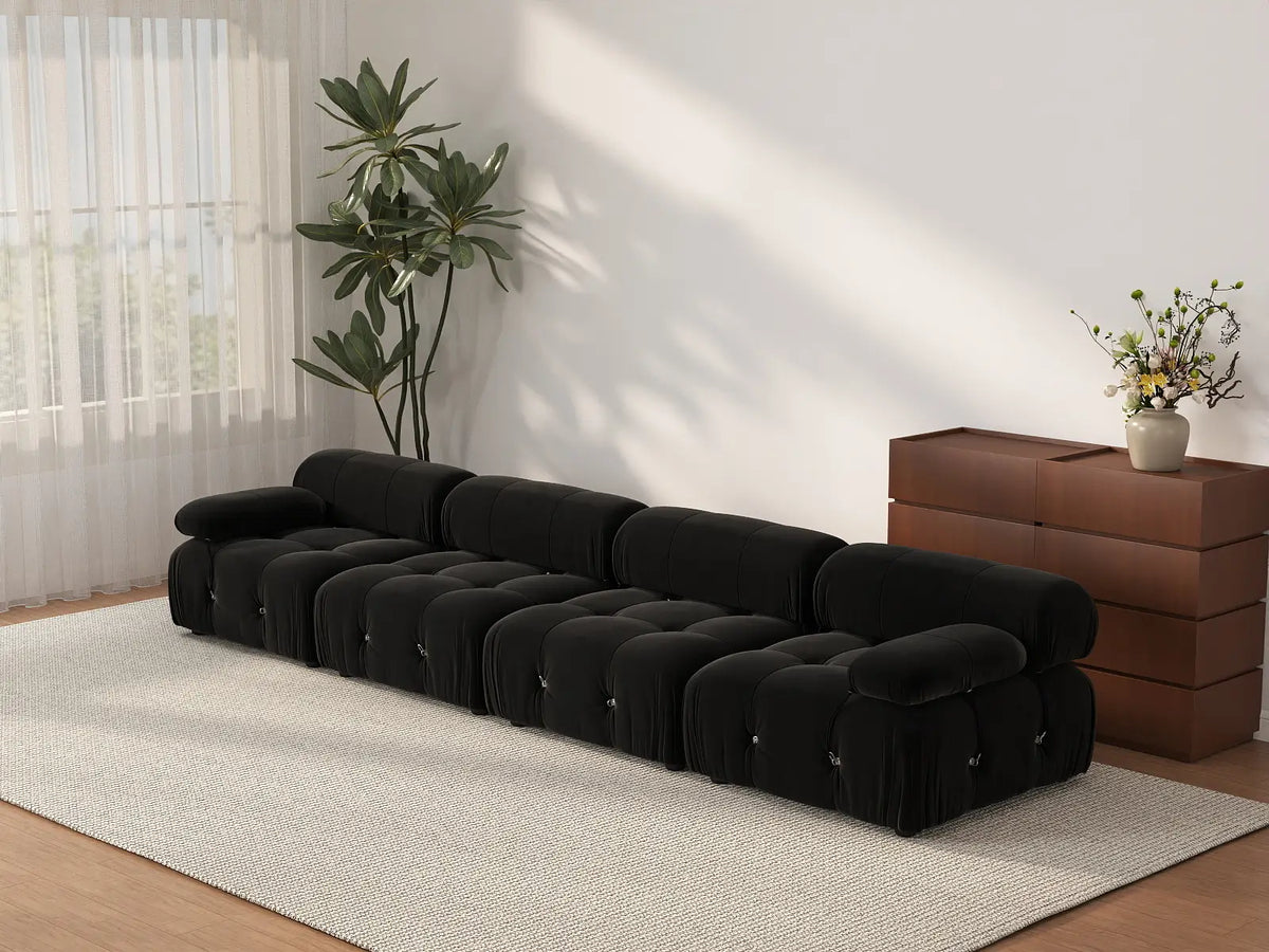 Sofá modular seccional Matrix de 4 plazas en color negro | 4 piezas, tela de terciopelo, gran capacidad