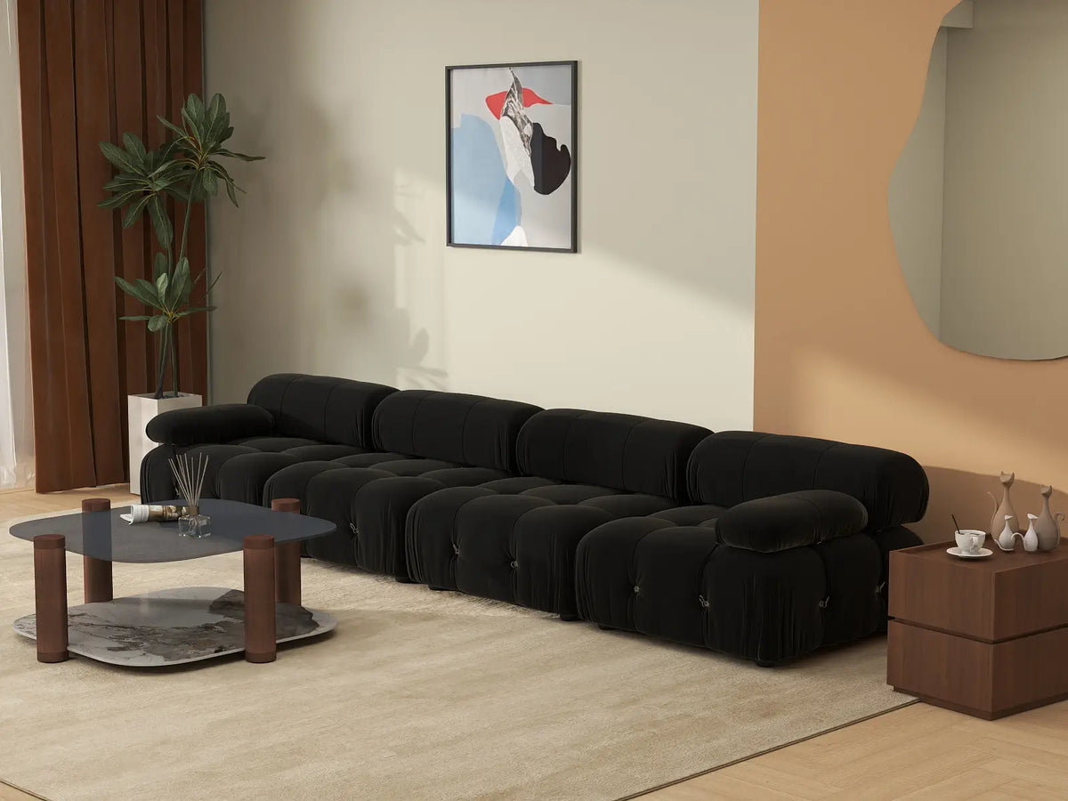 Sofá modular seccional Matrix de 4 plazas en color negro | 4 piezas, tela de terciopelo, gran capacidad