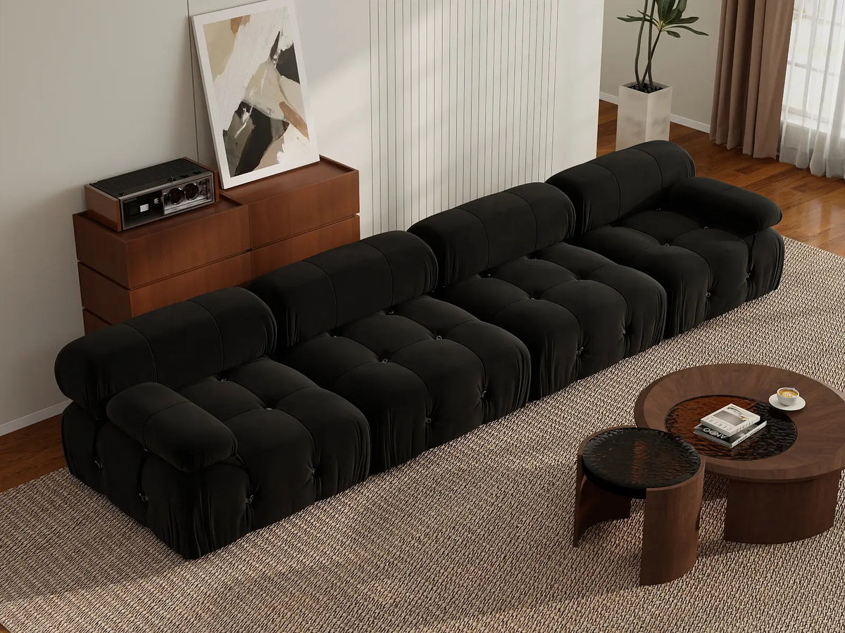 Sofá modular seccional Matrix de 4 plazas en color negro | 4 piezas, tela de terciopelo, gran capacidad