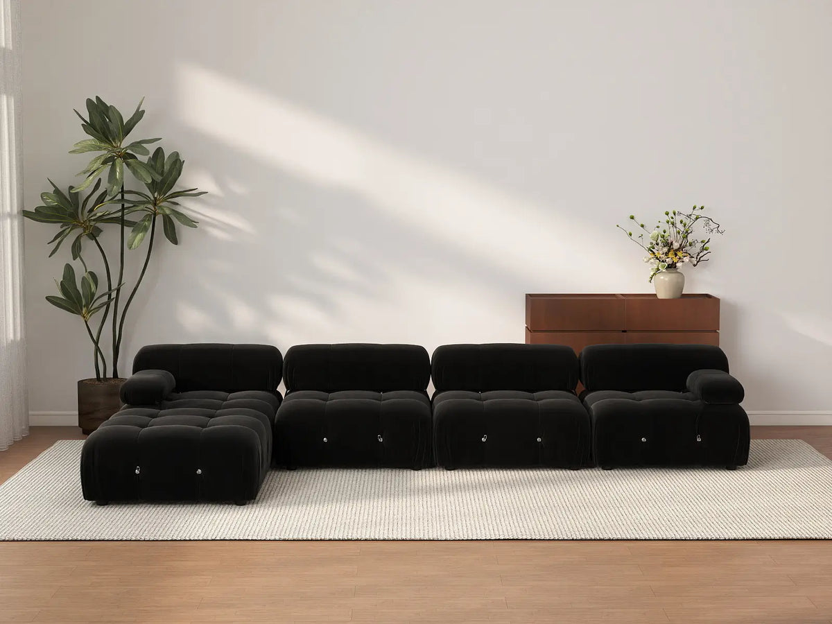Éther Black 4-Seater L-Shaped Sectionals | 5-Piece (includes 1 ottoman), Velvet Fabric, Fixed Upholstery