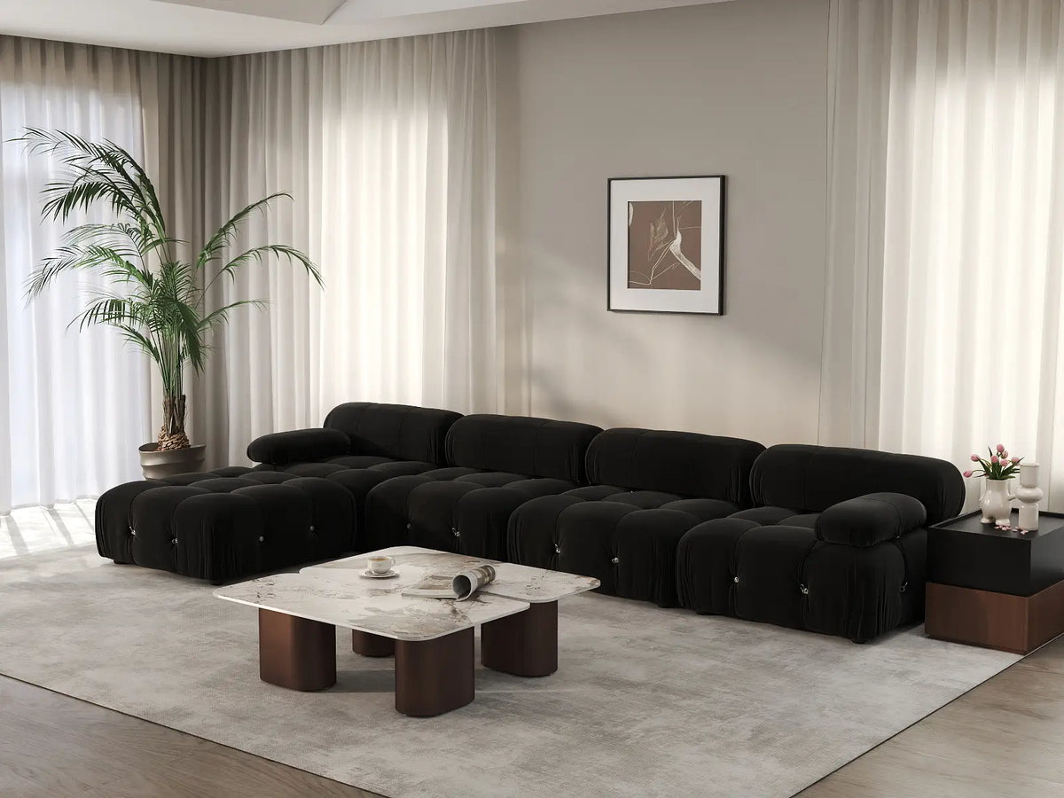Éther Black 4-Seater L-Shaped Sectionals | 5-Piece (includes 1 ottoman), Velvet Fabric, Fixed Upholstery