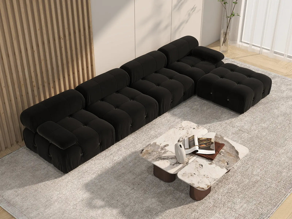 Éther Black 4-Seater L-Shaped Sectionals | 5-Piece (includes 1 ottoman), Velvet Fabric, Fixed Upholstery