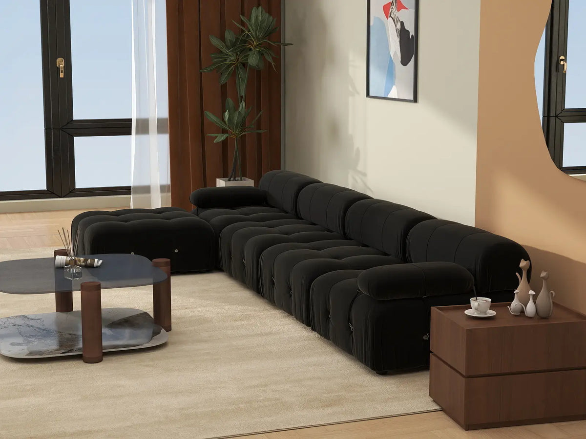 Éther Black 4-Seater L-Shaped Sectionals | 5-Piece (includes 1 ottoman), Velvet Fabric, Fixed Upholstery
