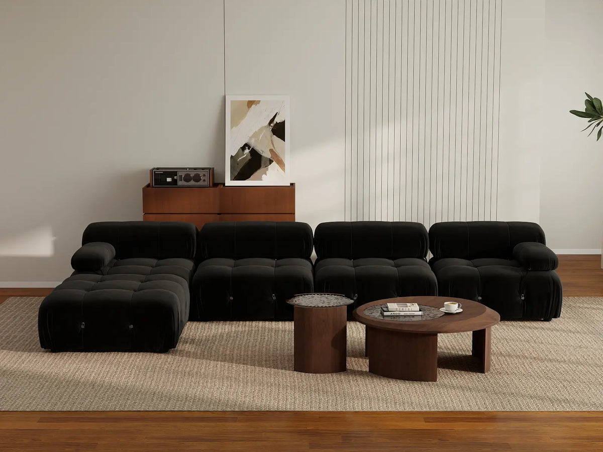 Éther Black 4-Seater L-Shaped Sectionals | 5-Piece (includes 1 ottoman), Velvet Fabric, Fixed Upholstery
