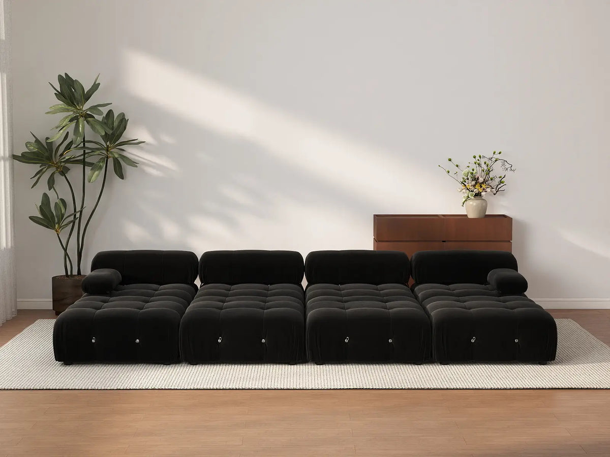 Éther Black 4-Seater Pit Sectionals | 8-Piece (includes 4 ottomans), Velvet Fabric, Fixed Upholstery