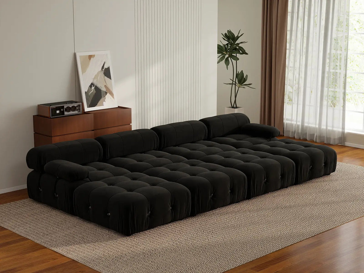 Éther Black 4-Seater Pit Sectionals | 8-Piece (includes 4 ottomans), Velvet Fabric, Fixed Upholstery