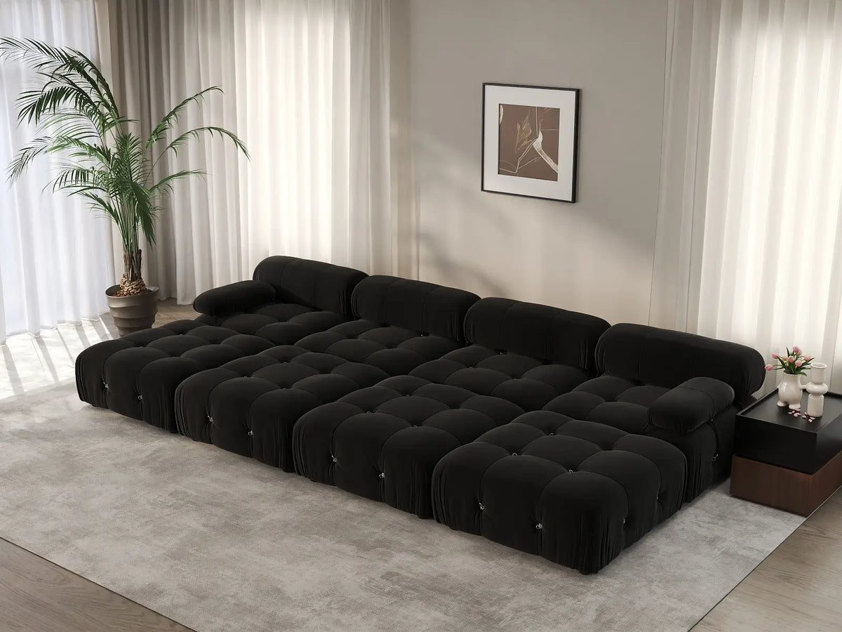 Éther Black 4-Seater Pit Sectionals | 8-Piece (includes 4 ottomans), Velvet Fabric, Fixed Upholstery
