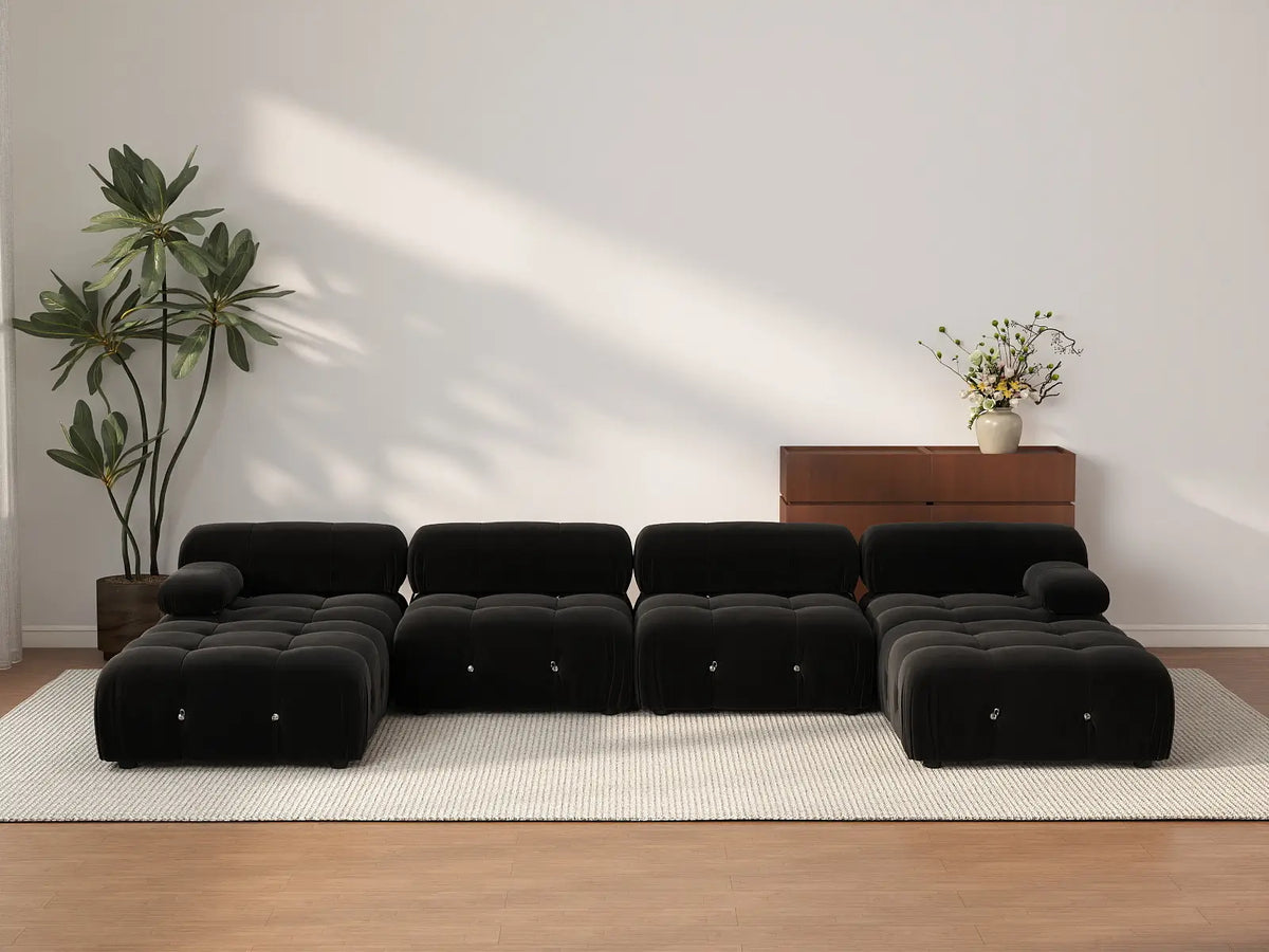 Éther Black 4-Seater U-Shaped Sectionals | 6-Piece (includes 2 ottomans), Velvet Fabric, Fixed Upholstery