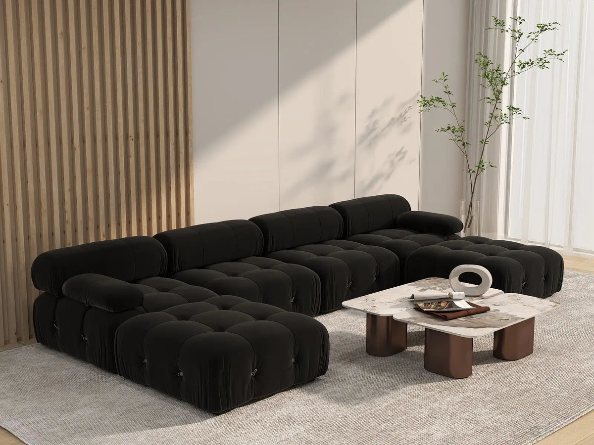 Éther Black 4-Seater U-Shaped Sectionals | 6-Piece (includes 2 ottomans), Velvet Fabric, Fixed Upholstery