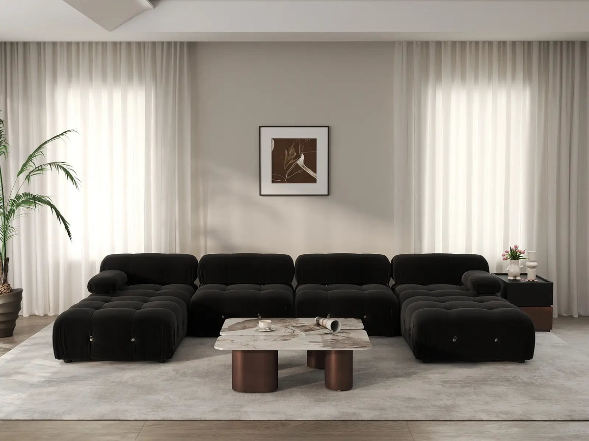 Éther Black 4-Seater U-Shaped Sectionals | 6-Piece (includes 2 ottomans), Velvet Fabric, Fixed Upholstery