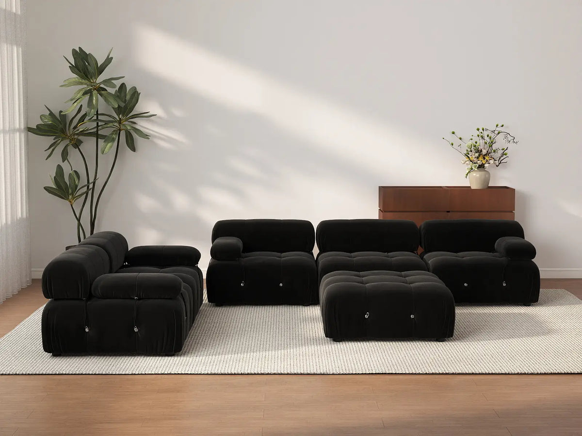 Éther Black 5-Seater Sofa Sets | 6-Piece (includes 1 ottoman), Velvet Fabric, Fixed Upholstery