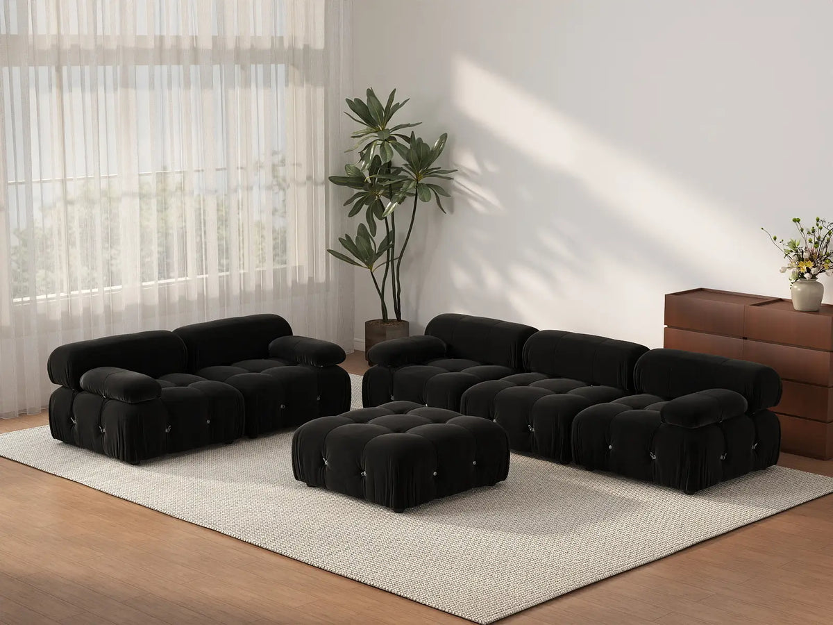 Éther Black 5-Seater Sofa Sets | 6-Piece (includes 1 ottoman), Velvet Fabric, Fixed Upholstery