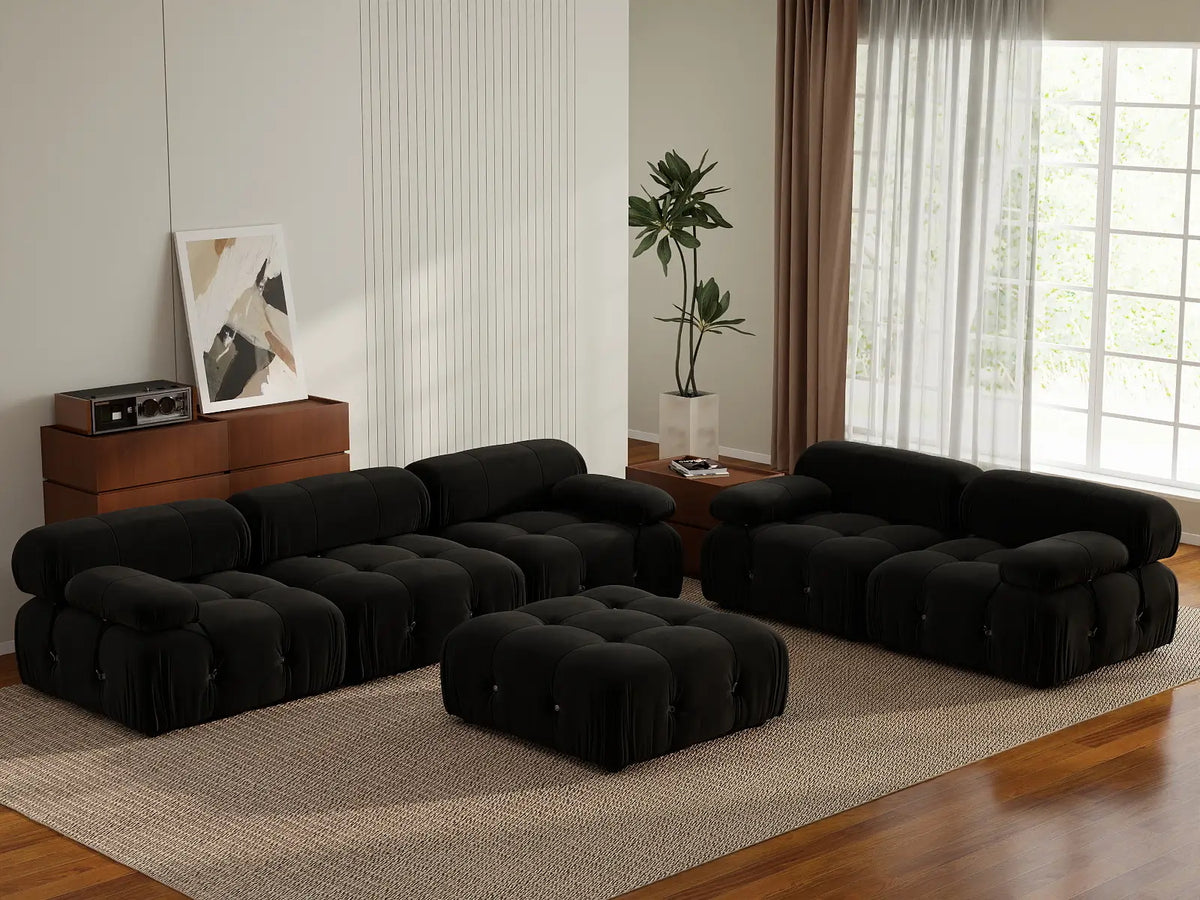 Éther Black 5-Seater Sofa Sets | 6-Piece (includes 1 ottoman), Velvet Fabric, Fixed Upholstery