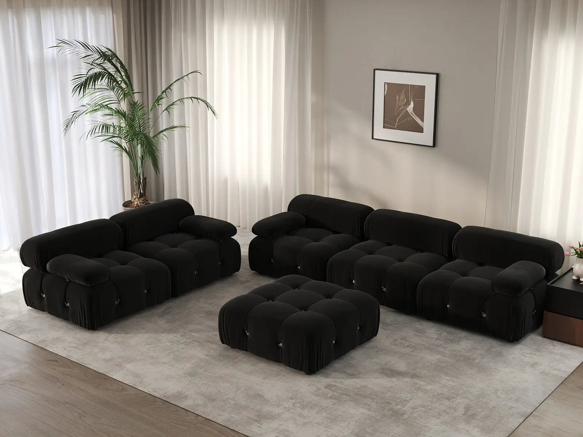 Éther Black 5-Seater Sofa Sets | 6-Piece (includes 1 ottoman), Velvet Fabric, Fixed Upholstery