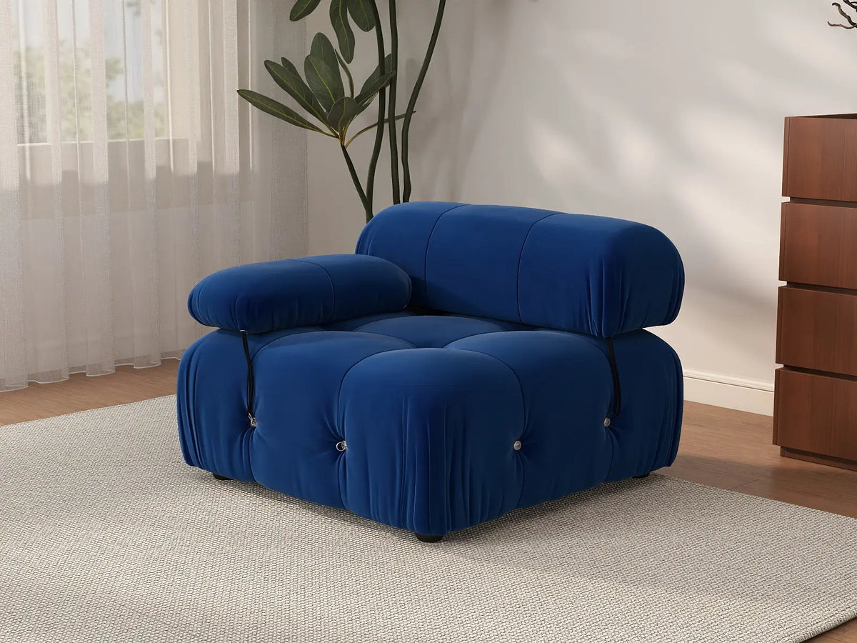 Éther Blue 1-Seater Single Sofa | 1-Piece, Velvet Fabric, Fixed Upholstery