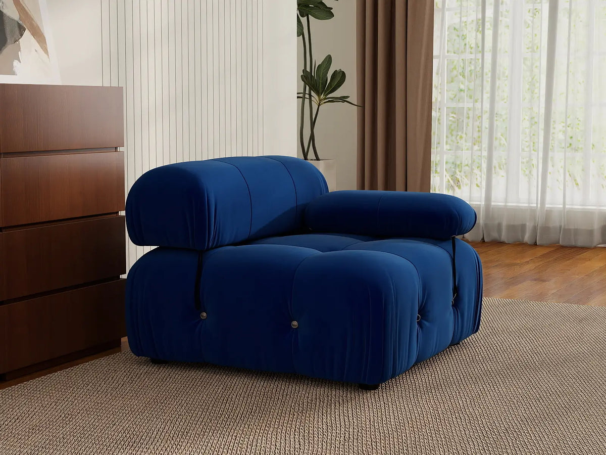 Éther Blue 1-Seater Single Sofa | 1-Piece, Velvet Fabric, Fixed Upholstery