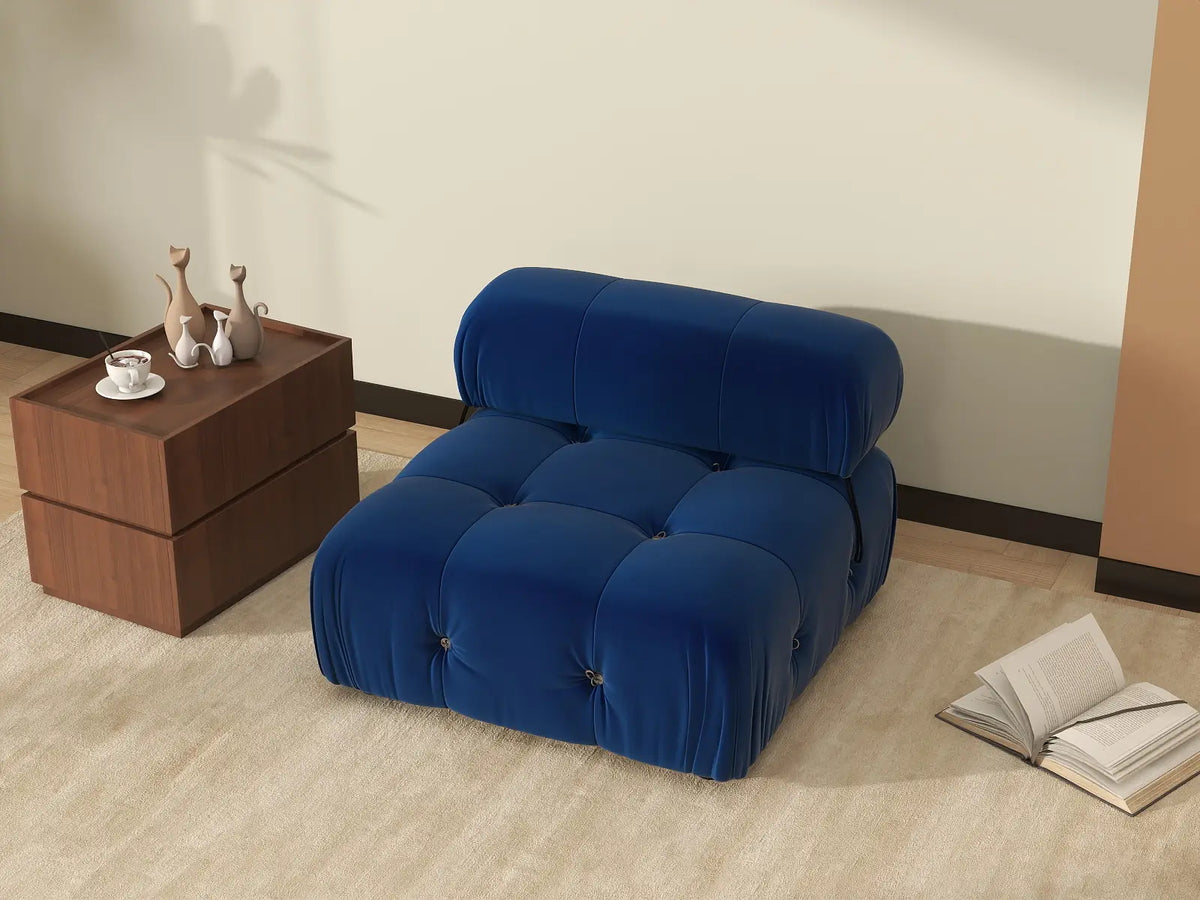 Éther Blue 1-Seater Single Sofa | 1-Piece, Velvet Fabric, Fixed Upholstery