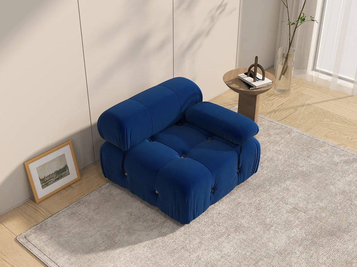 Éther Blue 1-Seater Single Sofa | 1-Piece, Velvet Fabric, Fixed Upholstery