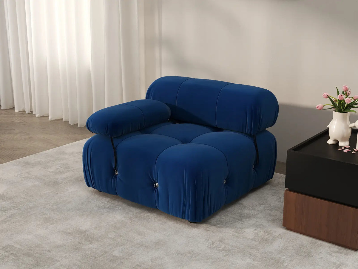 Éther Blue 1-Seater Single Sofa | 1-Piece, Velvet Fabric, Fixed Upholstery