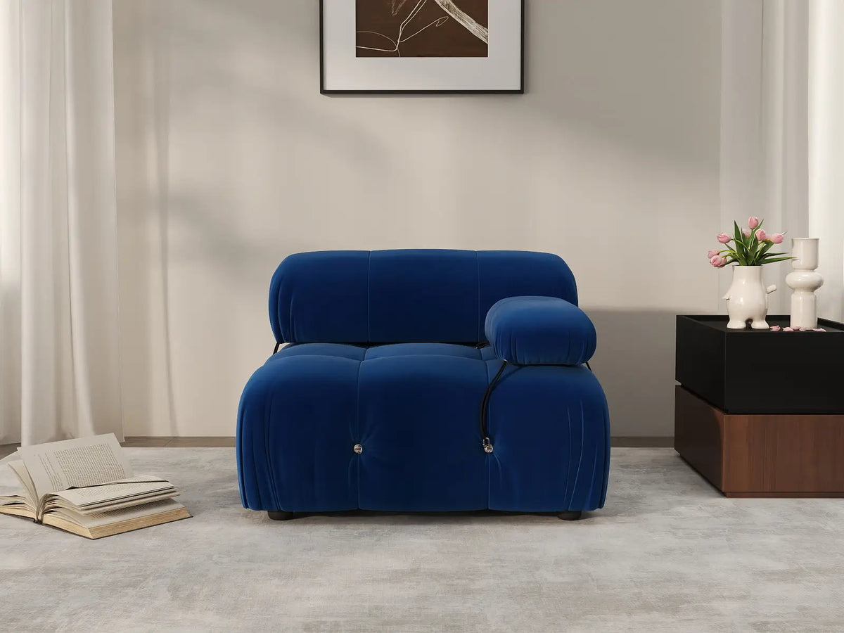 Éther Blue 1-Seater Single Sofa | 1-Piece, Velvet Fabric, Fixed Upholstery