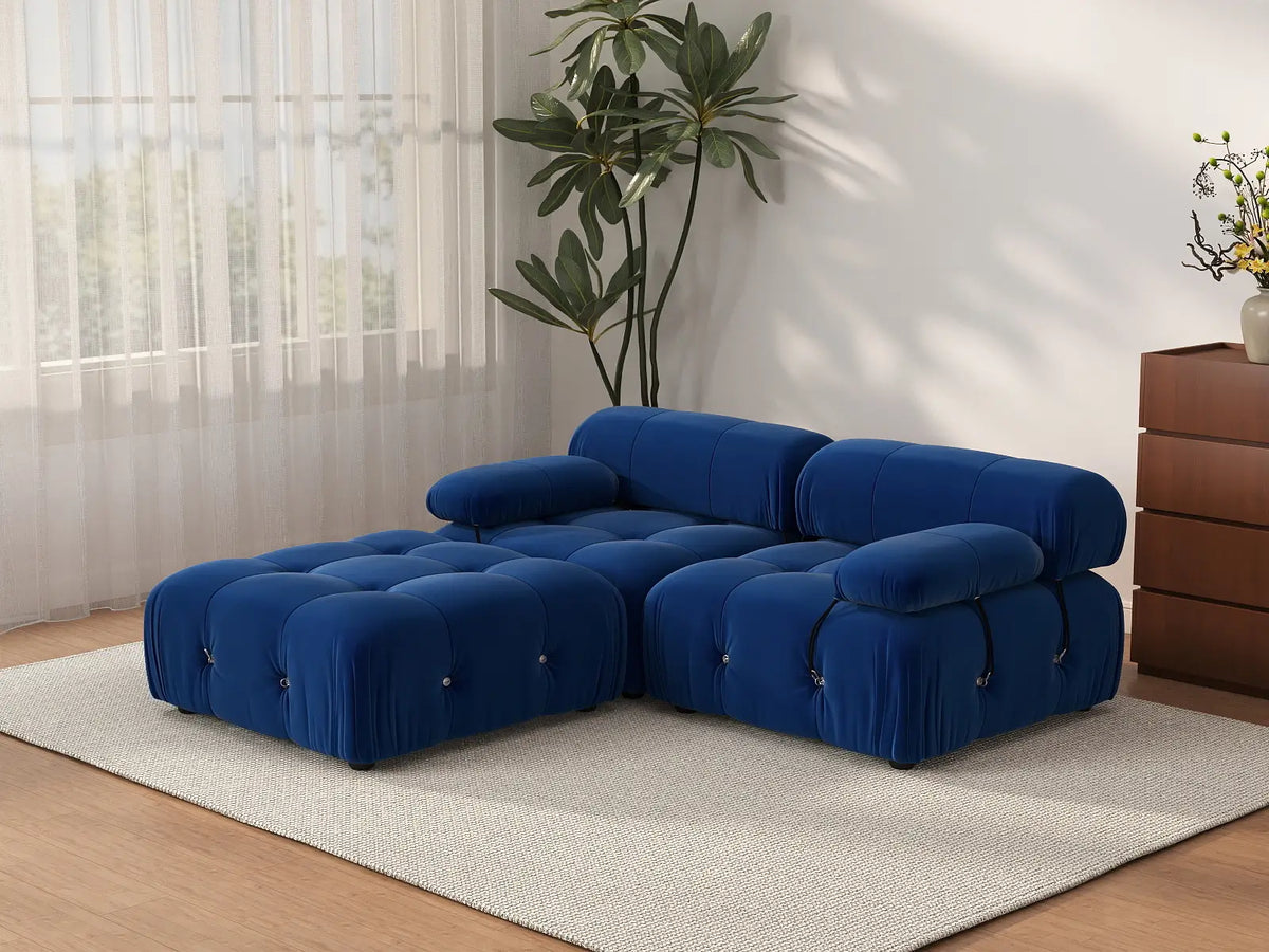 Éther Blue 2-Seater Chaise Sectionals | 3-Piece (includes 1 ottoman), Velvet Fabric, Fixed Upholstery