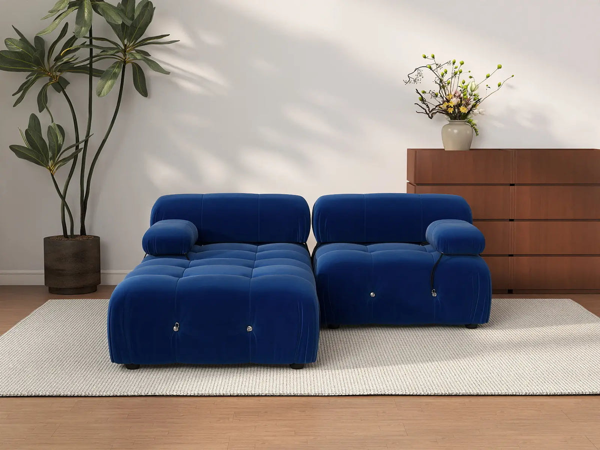 Éther Blue 2-Seater Chaise Sectionals | 3-Piece (includes 1 ottoman), Velvet Fabric, Fixed Upholstery