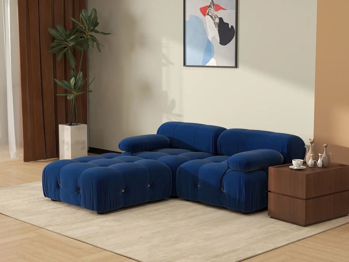 Éther Blue 2-Seater Chaise Sectionals | 3-Piece (includes 1 ottoman), Velvet Fabric, Fixed Upholstery