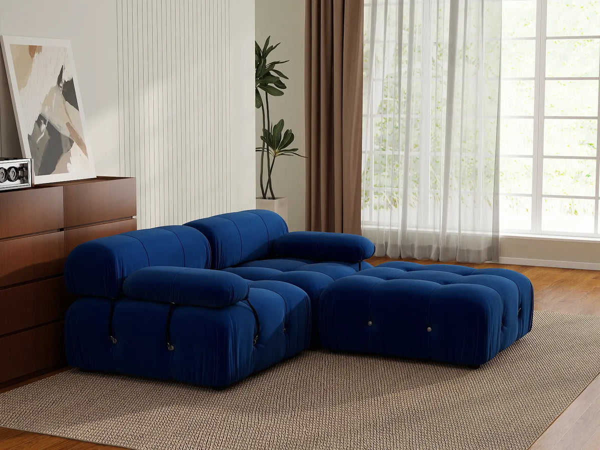 Éther Blue 2-Seater Chaise Sectionals | 3-Piece (includes 1 ottoman), Velvet Fabric, Fixed Upholstery
