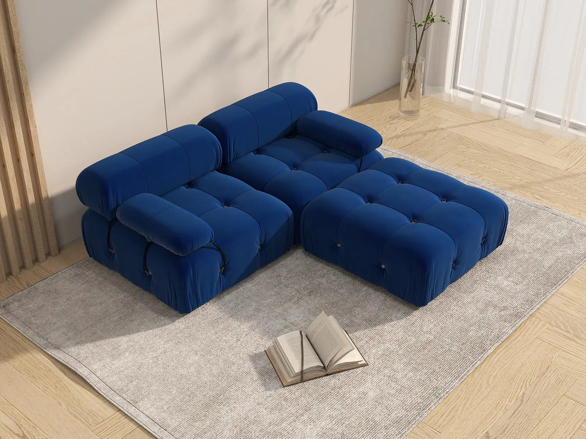Éther Blue 2-Seater Chaise Sectionals | 3-Piece (includes 1 ottoman), Velvet Fabric, Fixed Upholstery