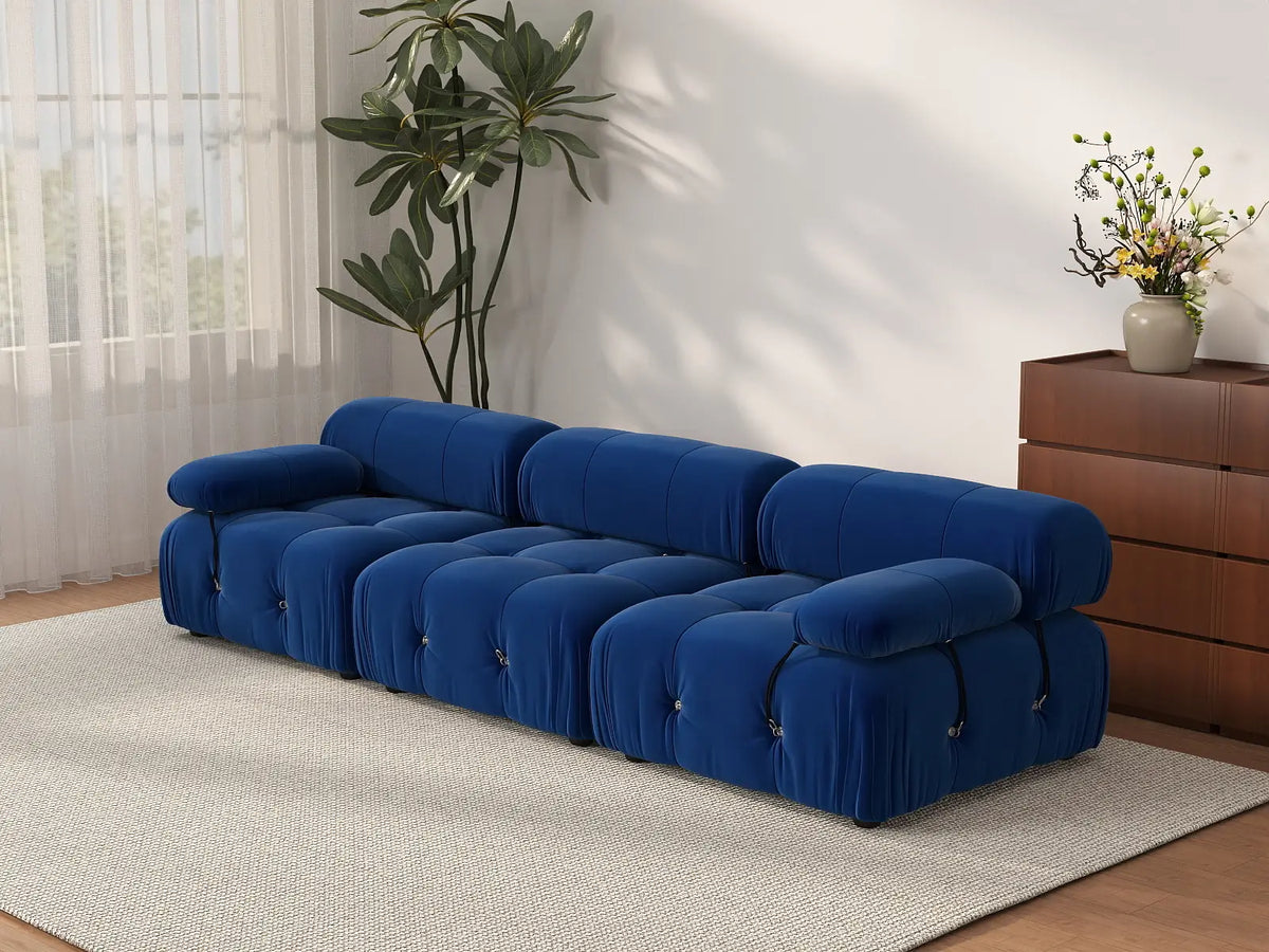 Éther Blue 3-Seater Couch Sectionals | 3-Piece, Velvet Fabric, Fixed Upholstery