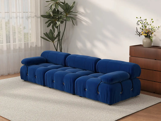Éther Blue 3-Seater Couch Sectionals | 3-Piece, Velvet Fabric, Fixed Upholstery