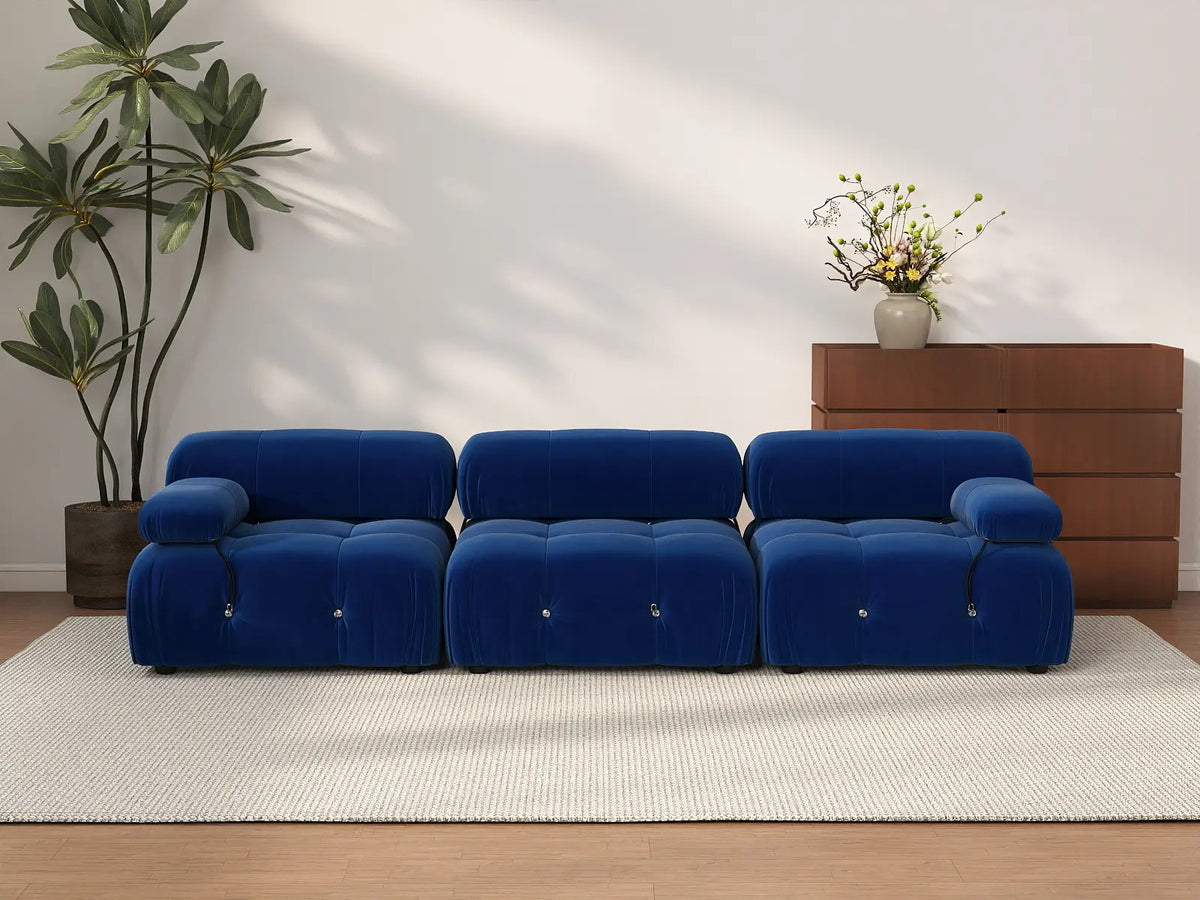 Éther Blue 3-Seater Couch Sectionals | 3-Piece, Velvet Fabric, Fixed Upholstery