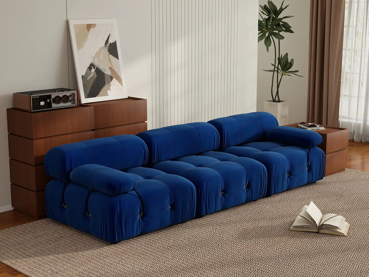 Éther Blue 3-Seater Couch Sectionals | 3-Piece, Velvet Fabric, Fixed Upholstery