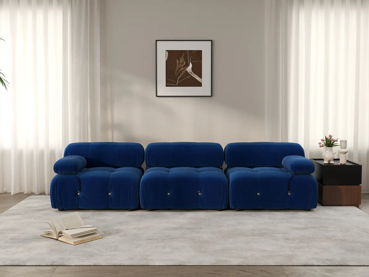 Éther Blue 3-Seater Couch Sectionals | 3-Piece, Velvet Fabric, Fixed Upholstery