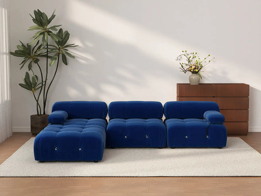 Sofá modular en forma de L Matrix de 3 plazas, color azul | 4 piezas (incluye 1 otomana), tela de terciopelo, diseño espacioso