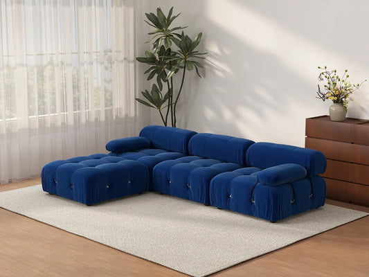 Sofá modular en forma de L Matrix de 3 plazas, color azul | 4 piezas (incluye 1 otomana), tela de terciopelo, diseño espacioso