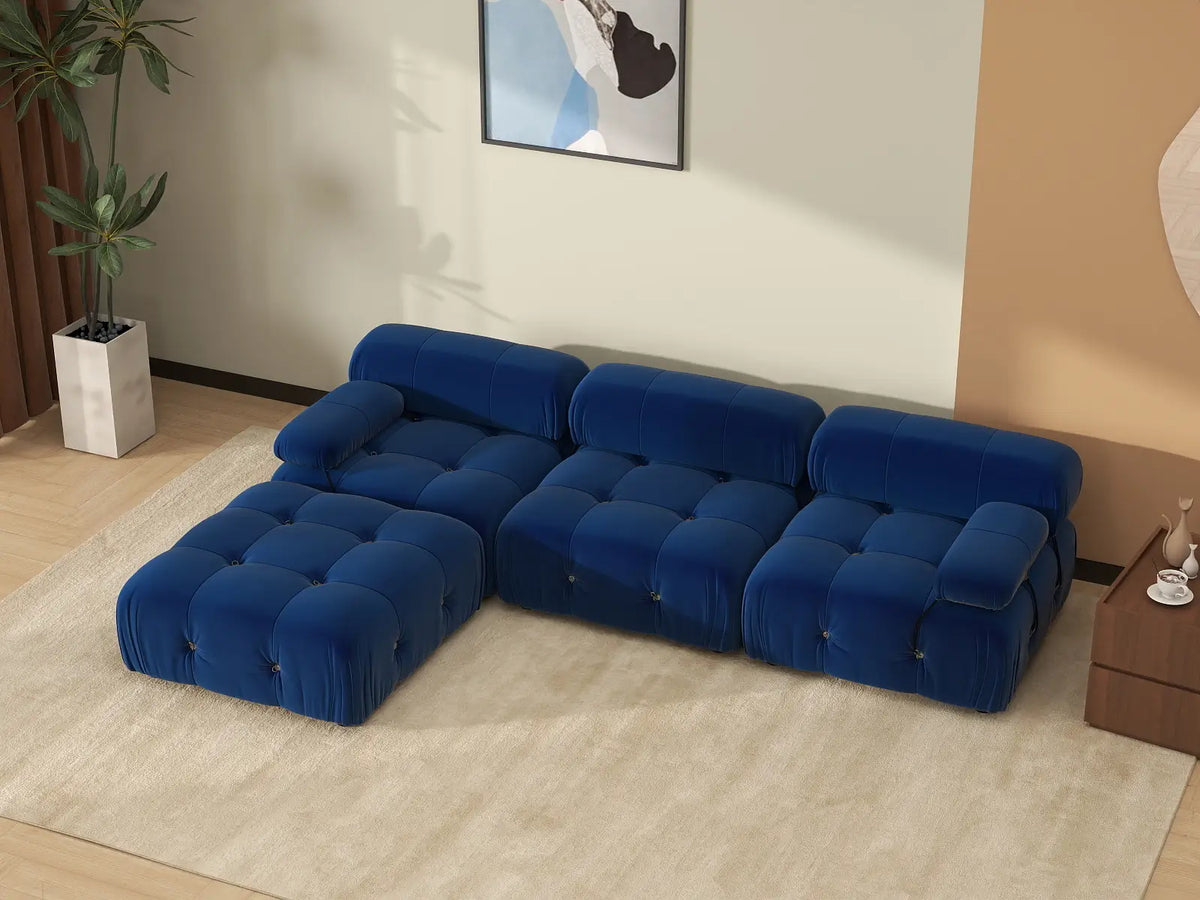 Éther Blue 3-Seater L-Shaped Sectionals | 4-Piece (includes 1 ottoman), Velvet Fabric, Fixed Upholstery