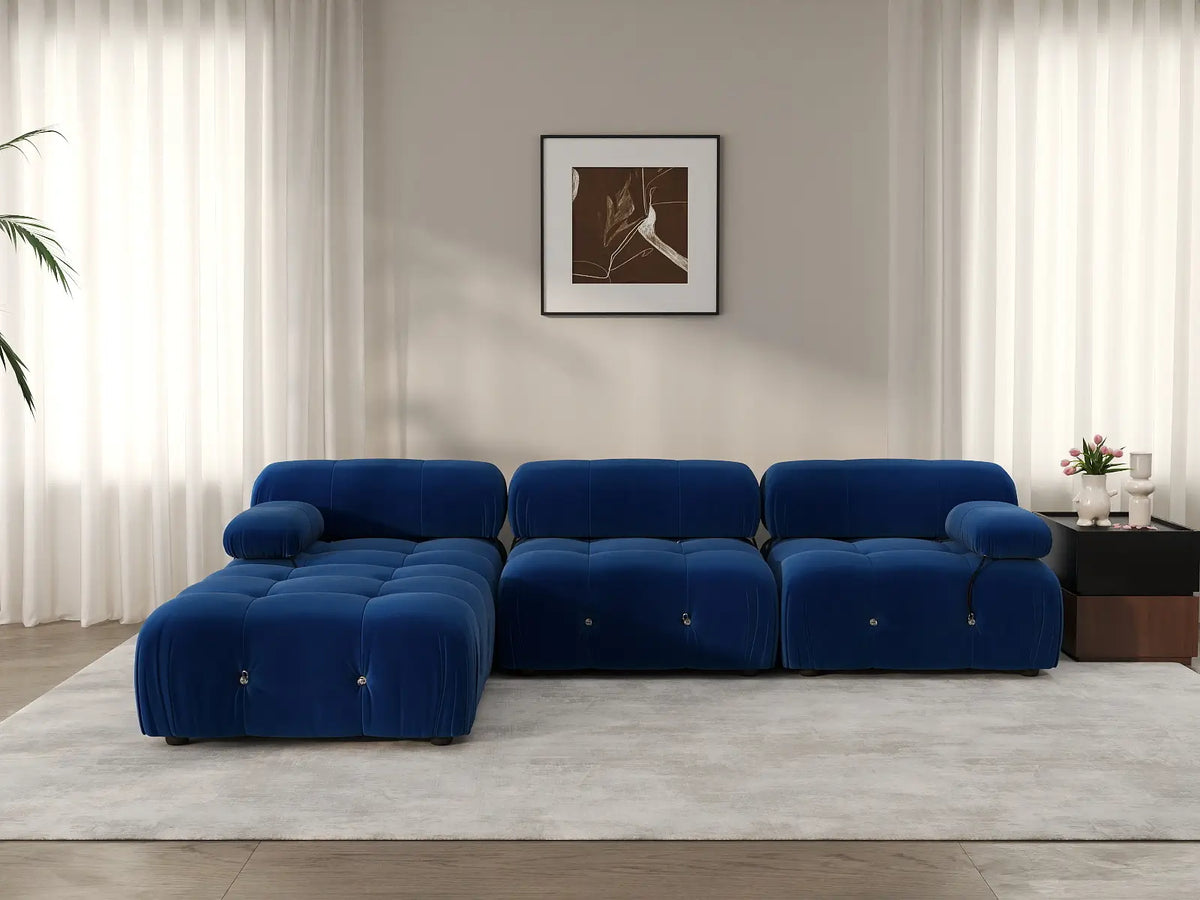 Éther Blue 3-Seater L-Shaped Sectionals | 4-Piece (includes 1 ottoman), Velvet Fabric, Fixed Upholstery
