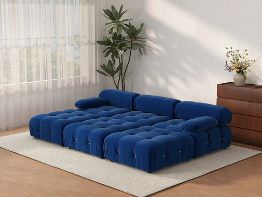 Éther Blue 3-Seater Pit Sectionals | 6-Piece (includes 3 ottomans), Velvet Fabric, Fixed Upholstery