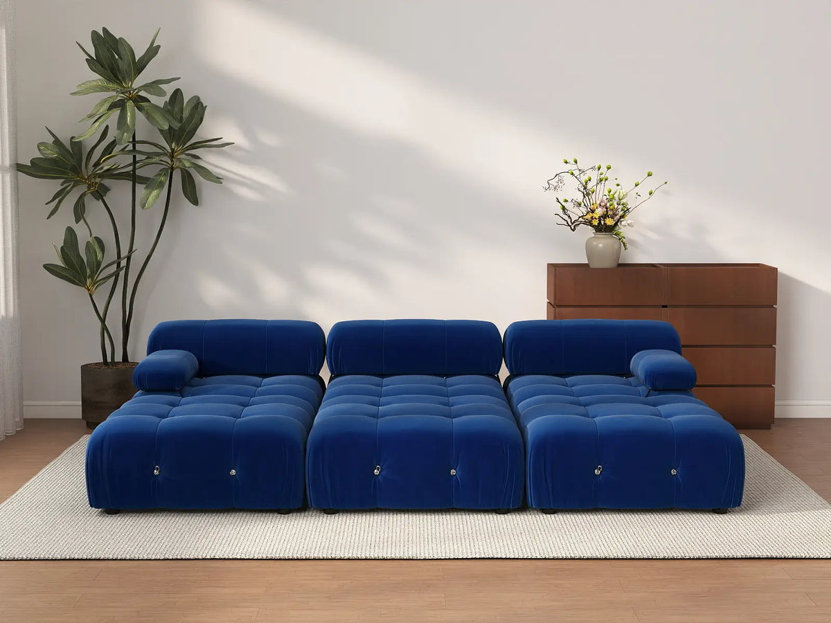 Éther Blue 3-Seater Pit Sectionals | 6-Piece (includes 3 ottomans), Velvet Fabric, Fixed Upholstery