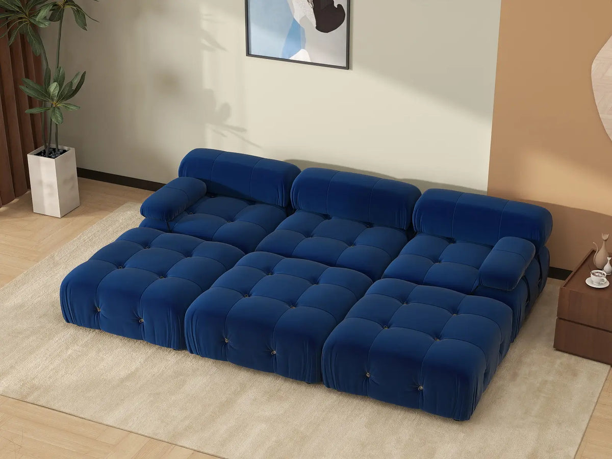 Éther Blue 3-Seater Pit Sectionals | 6-Piece (includes 3 ottomans), Velvet Fabric, Fixed Upholstery