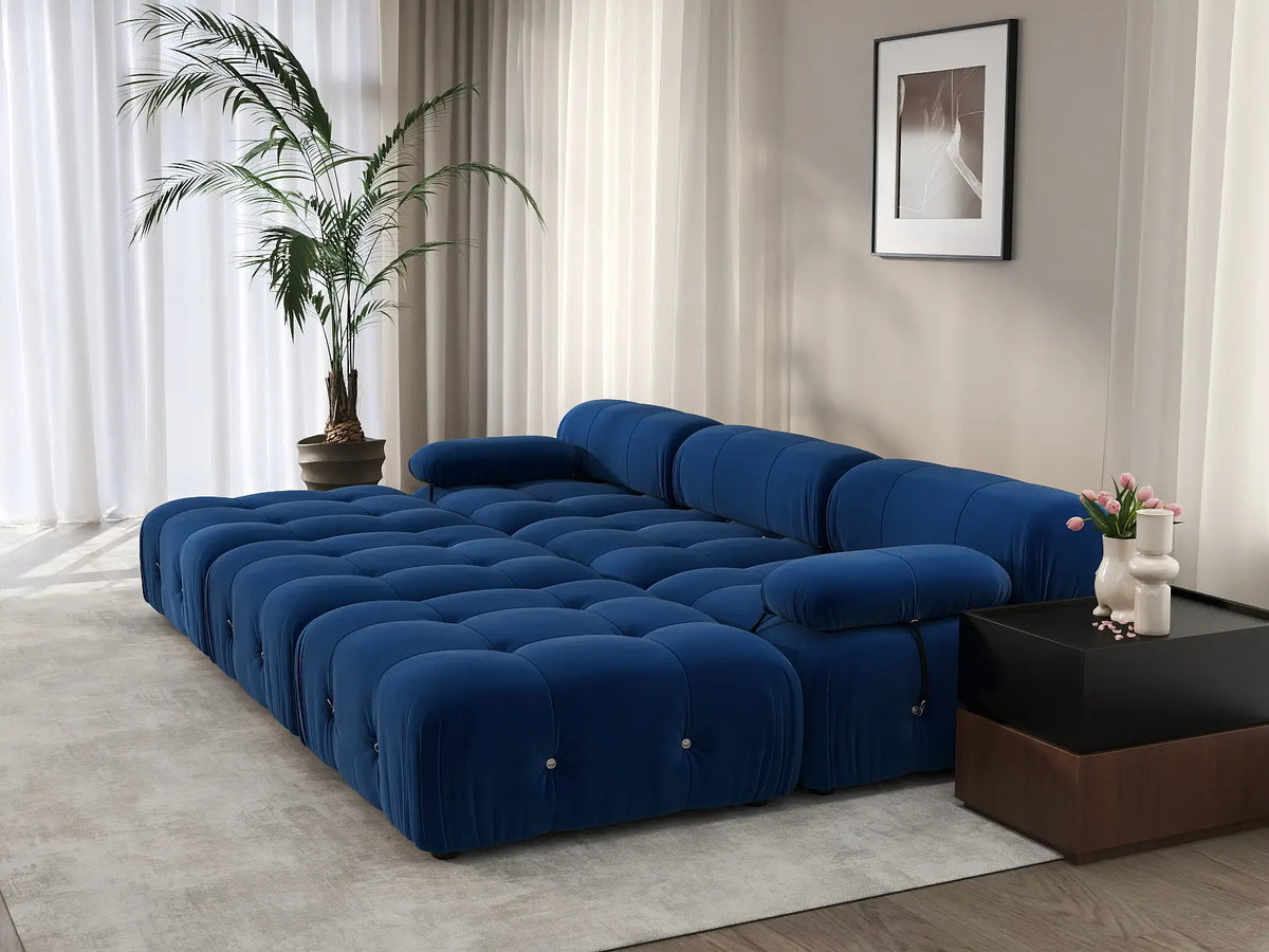 Éther Blue 3-Seater Pit Sectionals | 6-Piece (includes 3 ottomans), Velvet Fabric, Fixed Upholstery