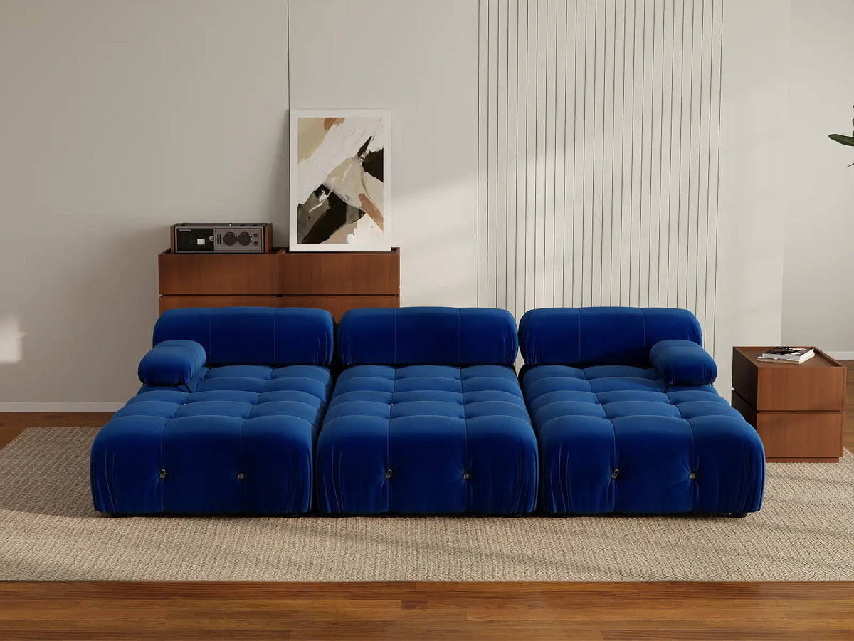 Éther Blue 3-Seater Pit Sectionals | 6-Piece (includes 3 ottomans), Velvet Fabric, Fixed Upholstery