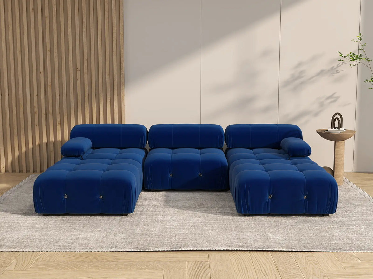 Éther Blue 3-Seater U-Shaped Sectionals | 5-Piece (includes 2 ottomans), Velvet Fabric, Fixed Upholstery
