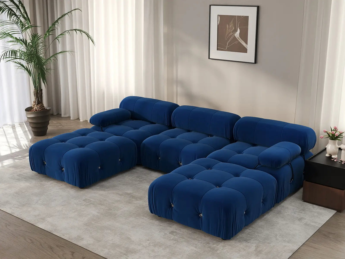 Éther Blue 3-Seater U-Shaped Sectionals | 5-Piece (includes 2 ottomans), Velvet Fabric, Fixed Upholstery