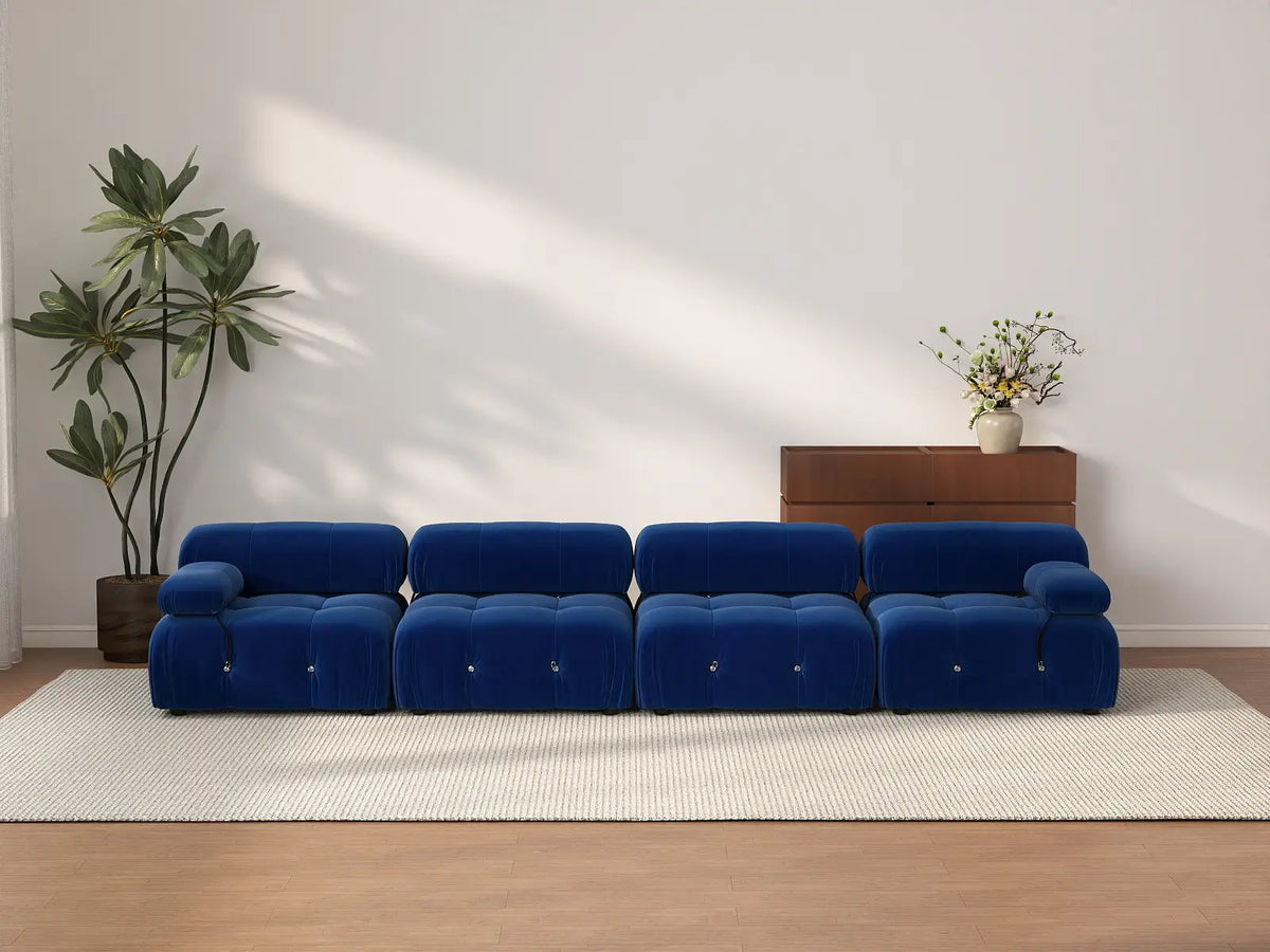 Éther Blue 4-Seater Couch Sectionals | 4-Piece, Velvet Fabric, Fixed Upholstery
